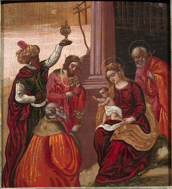 Scuola veneto-cretese, sec. XVII ADORAZIONE DEI MAGI tempera su tavola, cm 38x29,8
