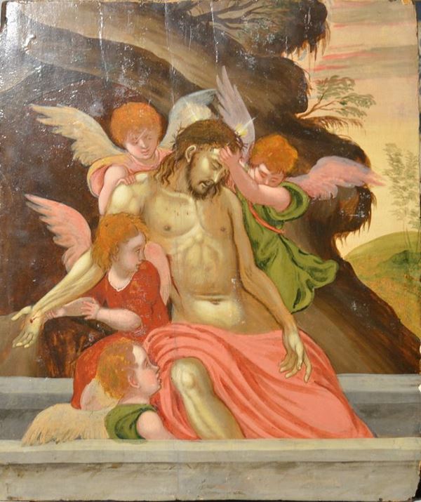 Scuola veneto-cretese, fine sec. XVI CRISTO NEL SEPOLCRO FRA GLI ANGELI tempera su tavola, cm 50x42,5