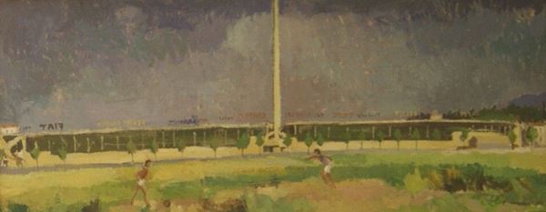 Rodolfo Marma (Firenze 1923-1999) STADIO COMUNALE  olio su tela, cm 90x37