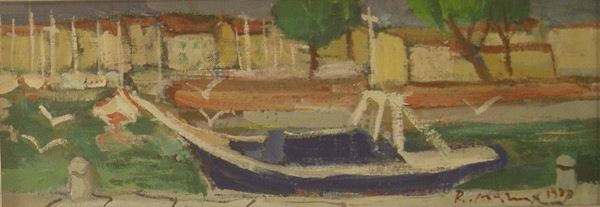 Rodolfo Marma (Firenze 1923-1999) DARSENA DI VIAREGGIO olio su cartone telato, cm 39,5x15