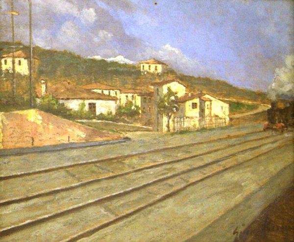 Gino Tommasi (1880-1942)  FERROVIA olio su tavola, cm 32,5x26