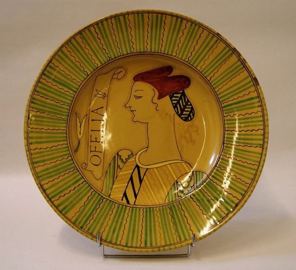 Piatto, sec. XX, in maiolica di Orvieto, manifattura Ciaurro, con raffigurante Ofelia, diametro, cm 42