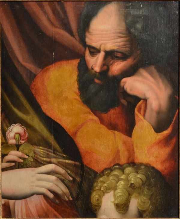 Attribuito a Pellegrino Tibaldi (Puria di Valsolda 1527-  Milano 1596)  SAN GIUSEPPE olio su tavola, cm 56x45  senza cornice  trattasi di un frammento di una tavola di dimensioni maggiori raffigurante  probabilmente una Sacra Famiglia