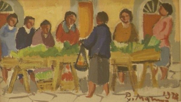 Rodolfo Marma (Firenze 1923-1999)  MERCATINO  olio su cartone telato, cm 25x15  - Asta DECORAZIONE DI INTERNI: arredi, oggetti d'arte ed argenti - Poggio Bracciolini Casa d'Aste