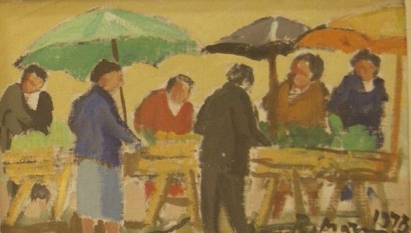 Rodolfo Marma (Firenze 1923-1999) MERCATINO olio su cartone telato, cm 25x15