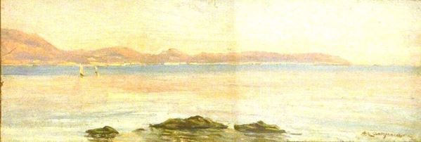 Alceste Campriani (Terni 1848-Lucca, 1933)  MARINA  olio su cartone, cm 34x11,5