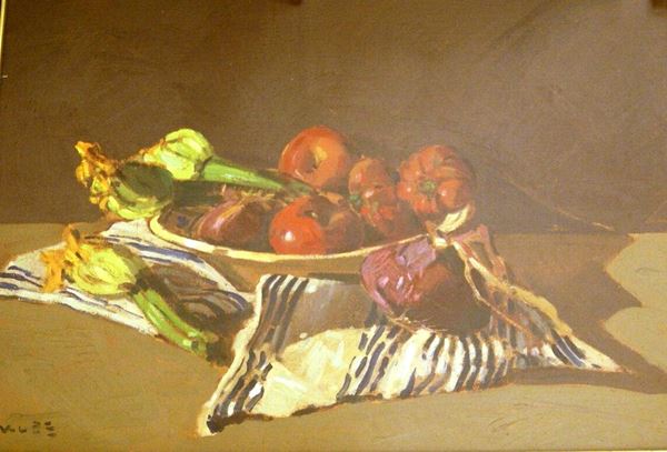 Angelo Volpe (Livorno  1943)  NATURA MORTA CON ORTAGGI olio su tela, cm 70x50