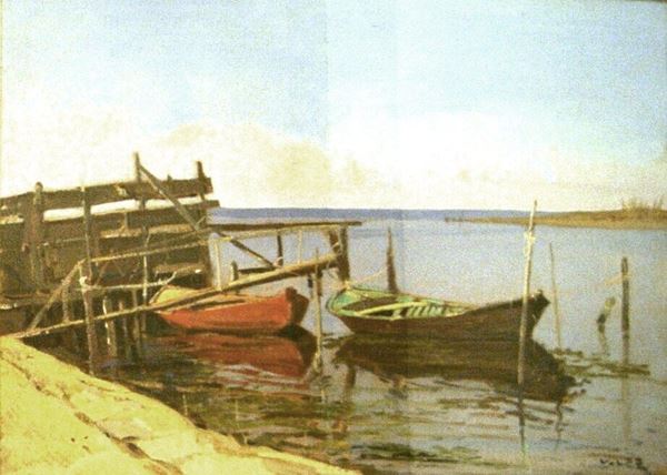 Angelo Volpe (Livorno 1943)  PORTICCIOLO CON BARCHE olio su tela, cm 70x50