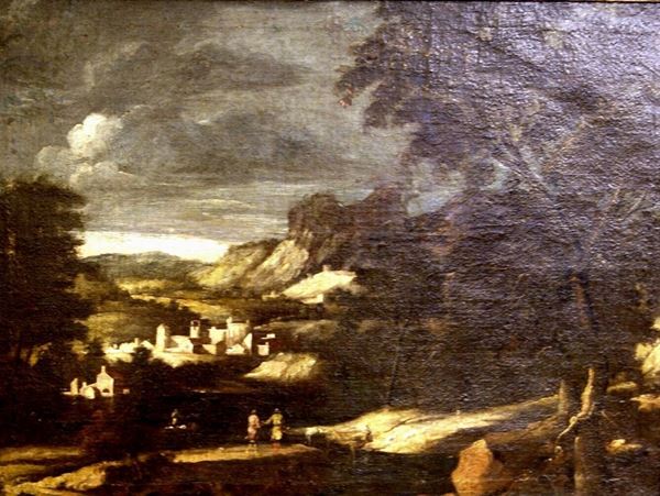 Scuola Italiana, sec. XVIII  PAESAGGIO  olio su tela, cm 70x95  presenta restauri