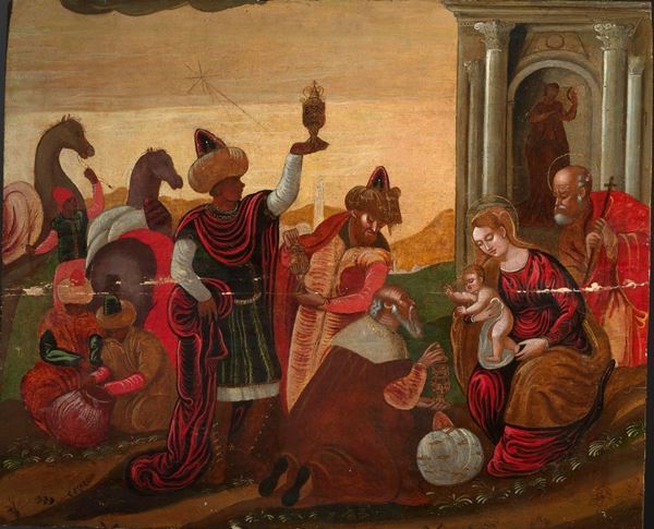 Scuola veneto-cretese, sec. XVI ADORAZIONE DEI MAGI tempera su tavola, cm 60x73