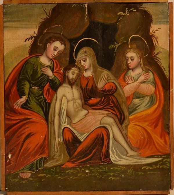 Scuola veneto-cretese, sec. XVII                                             LA PIETA CON LA VERGINE, SAN GIOVANNI E LA MADDALENA                         tempera su tavola, cm 44x38,5