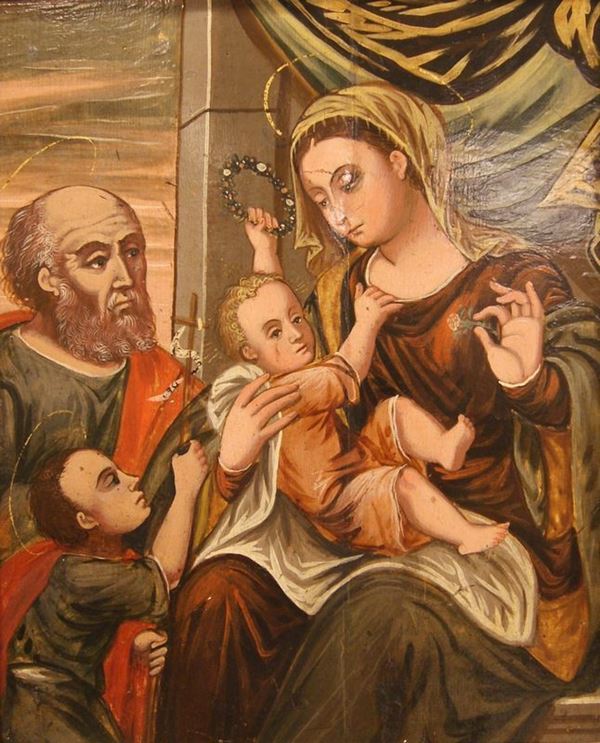 Scuola veneto-cretese, sec. XVII                                             SACRA FAMIGLIA CON SAN GIOVANNINO                                            tempera su tavola, cm 55x44