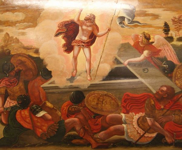 Scuola veneto-cretese, fine sec. XVI-inizi XVII                              RESURREZIONE DI CRISTO                                                       tempera su tavola, cm 57x69