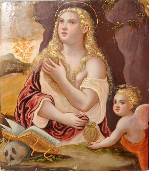 Scuola veneto-cretese, secc. XVI-XVII   LA MADDALENA E UN ANGELO   tempera su tavola, cm 51,5x45 senza cornice