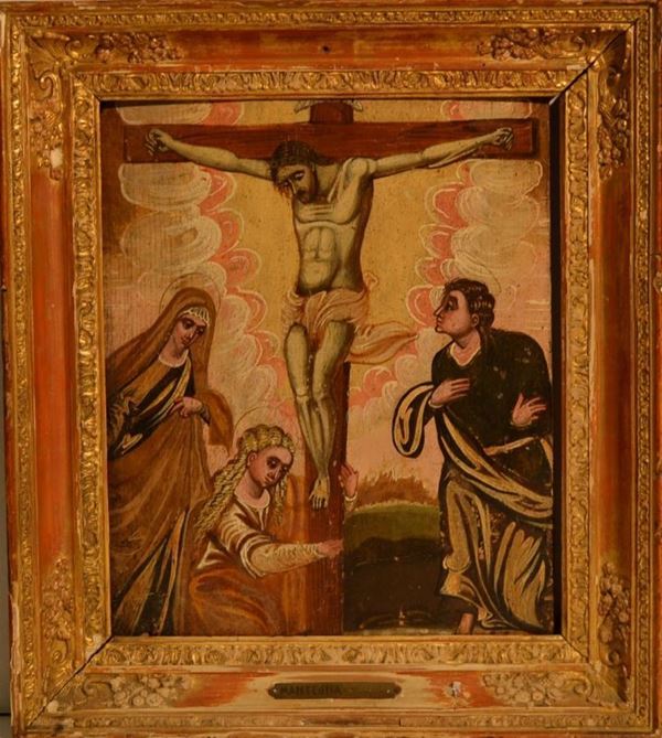 Scuola veneto-cretese, sec. XVII                                             CROCEFISSIONE CON LA VERGINE, LA MADDALENA E SAN GIOVANNI                    tempera su tavola, cm 31,5x26,5