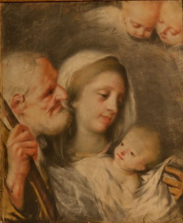 Scuola bolognese, sec. XVIII                                                 SACRA FAMIGLIA CON CHERUBINI                                                 pastello su pergamena controfondata, cm 50x41,5                              alcuni danni