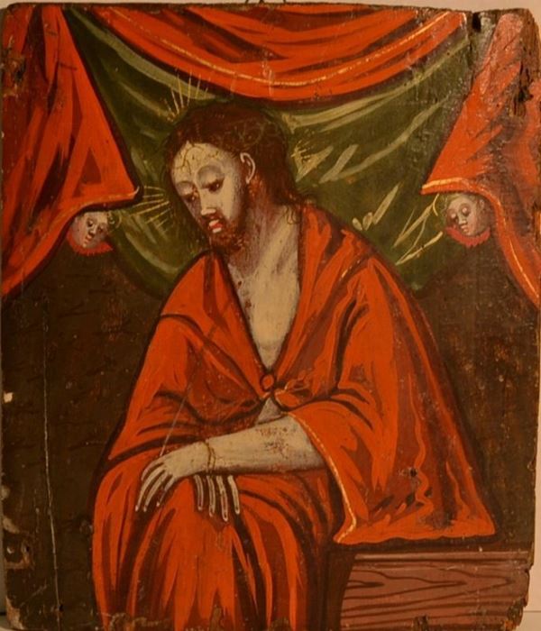 Scuola veneto-cretese, sec. XVII                                             CRISTO PATIENS                                                               tempera su tavola, cm 28x24  - Asta Arredi, oggetti d'arte, dipinti e gioielli - Poggio Bracciolini Casa d'Aste