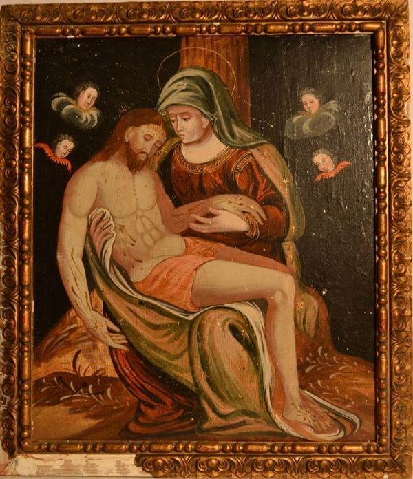 Scuola veneto-cretese, sec. XVI                                              PIETA CON QUATTRO TESTE DI CHERUBINI                                         tempera su tavola, cm 57x74  - Asta Arredi, oggetti d'arte, dipinti e gioielli - Poggio Bracciolini Casa d'Aste
