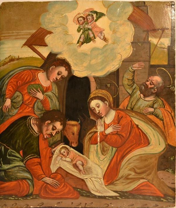Scuola veneto-cretese, sec. XVII                                             ADORAZIONE DEI PASTORI                                                       tempera su tavola, cm 54x47