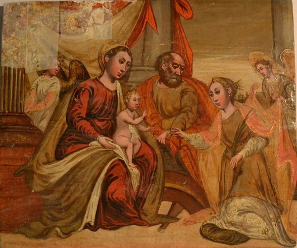 Scuola veneto-cretese, sec. XVII                                             SACRA FAMIGLIA CON SANTA CATERINA D'ALESSANDRIA E DUE ANGELI                  tempera su tavola, cm 59,5x70