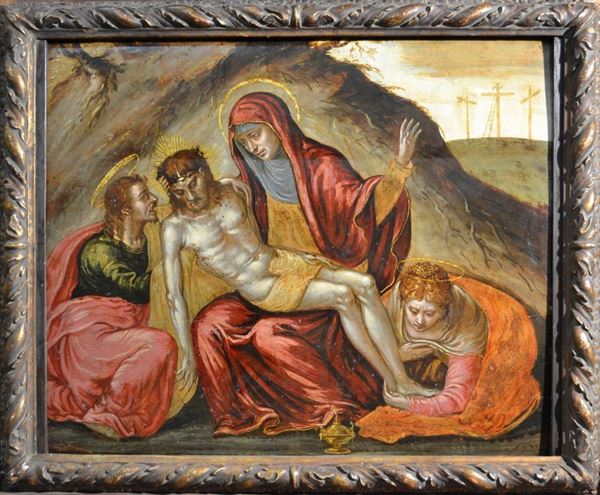 Scuola veneto-cretese, sec. XVI                                              PIETA CON LA VERGINE, LA MADDALENA E SAN GIOVANNI                            tempera su tavola, cm 74x89,5