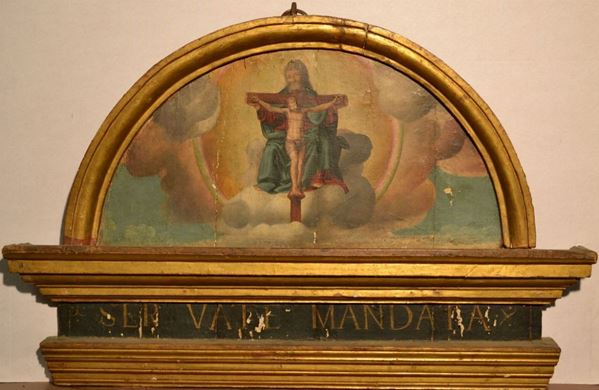 Scuola Italia centrale, sec. XVI                                             CRISTO E DIO PADRE                                                           olio su tavola a forma di lunetta, cm 60x93  entro cornice a tempietto di   epoca posteriore                                                    ,        danni