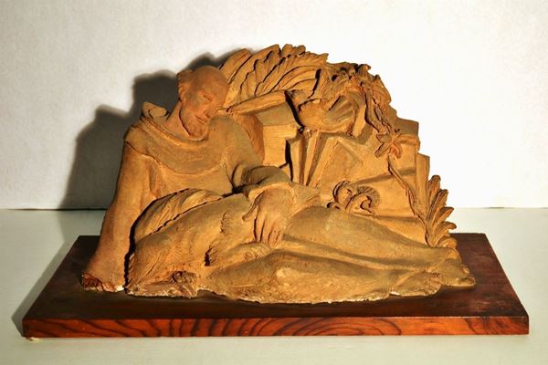 Scuola toscana, sec. XX                                                      SAN FRANCESCO E IL LUPO                                                      terracotta, alt. cm 25x45