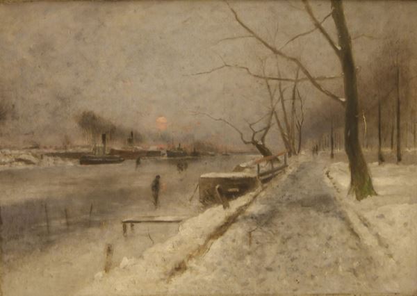 Scuola nordeuropea, inizi sec. XIX  CANALE INNEVATO  olio su tela, cm 66x93