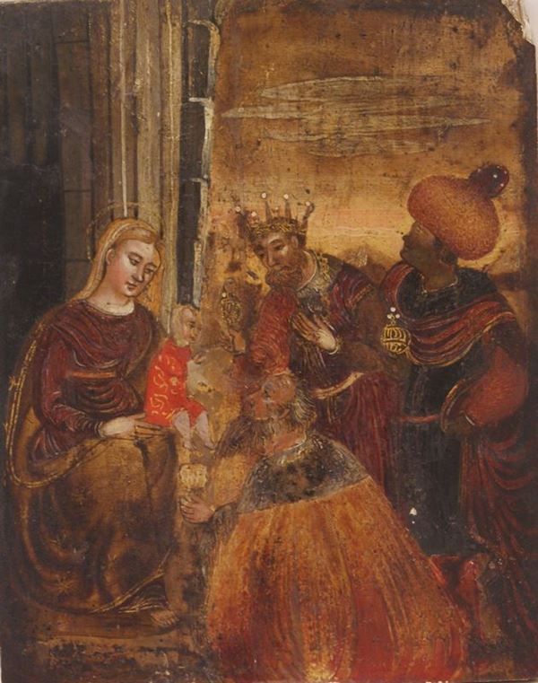 Scuola veneto-cretese, sec. XVI  ADORAZIONE DEI MAGI  olio su tavola, cm 29x20 difetti