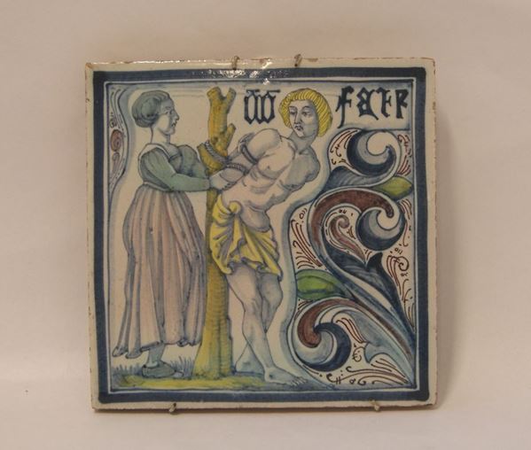 Mattonella, manifattura Cantagalli, in terracotta dipinta, cm 20x20x1