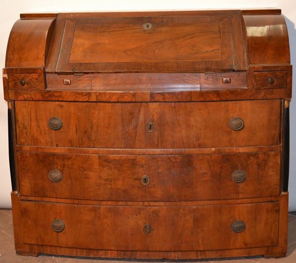 Cassettone scrivania, Verona prima metÃ  sec. XIX, in noce intagliato con    parti ebanizzate, fronte bombato con sportello a                            ribalta e tre cassetti fra colonne con basi e capitelli dorati,             scarabattolo interno con sei cassetti e segreto, due piccoli cassetti       laterali, piedi a mensola, cm 124x53x110, lievi danni e restauri