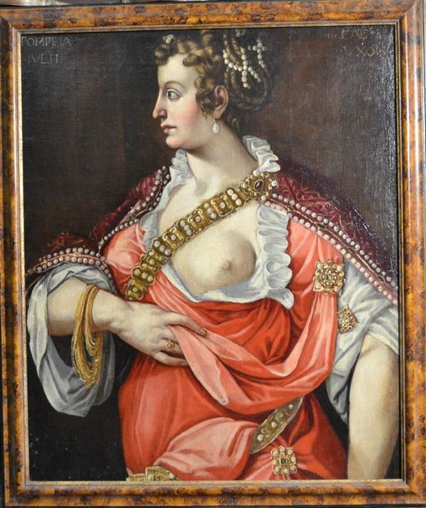 Scuola fiorentina, fine sec. XVI                                             POMPEA                                                                       olio su tela, cm 91x75 senza cornice                                        iscritto: POMPEIA IULII  CAE... UXOR.....