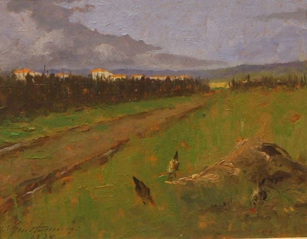 Gino Tommasi (Firenze 1880- 1942)  PAESAGGIO DI CAMPAGNA  olio su cartone, cm 23x18
