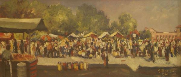 Alfredo Bonciani (Firenze 1902- ?)  LA FESTA DEL GRILLO olio su tela, cm 106x56
