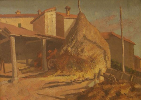 Mario Borgiotti (Livorno 1906-Firenze 1977)  CASA COLONICA  olio su cartone, cm 49x35