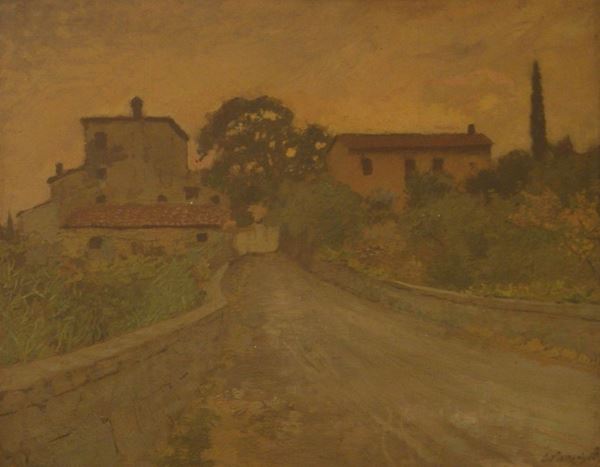 Carlo Passigli (Firenze 1881-1953)  PAESAGGIO CON CASE  olio su tavola, cm 37x30