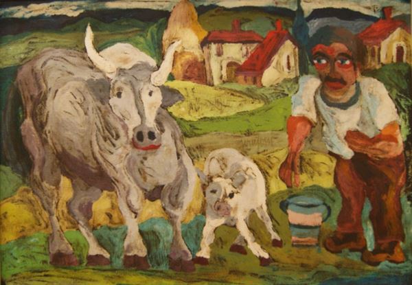 Giuseppe Serafini (Montelupo Fiorentino 1915- 1987)  PAESAGGIO CON ANIMALI  tecnica mista su tavola, cm 68x47