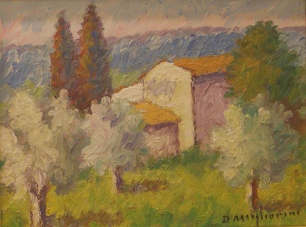 Dino Migliorini (Rignano sull'Arno 1907-2005)  PAESAGGIO TOSCANO  olio su masonite, cm 40x30
