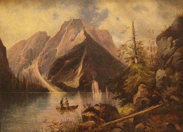 Erwin Puchinger (Vienna 1875- 1944) VEDUTA MONTANA CON LAGO E FIGURE  olio su tela, cm 100x78  sul retro presenta iscrizioni