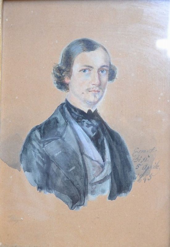 Scuola lombarda del sec. XIX                                                RITRATTO DI GENTILUOMO                                                       acquerello su carta, cm 17x12                                                firmato e datato 5 aprile 1845                                              Enrico Bissi