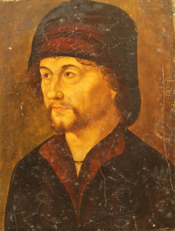 Scuola italiana sec. XX   RITRATTO DI UOMO CON CAPPELLO     olio su tavola, cm 28,5x21      nello stile della pittura nordeuropea del Cinquecento