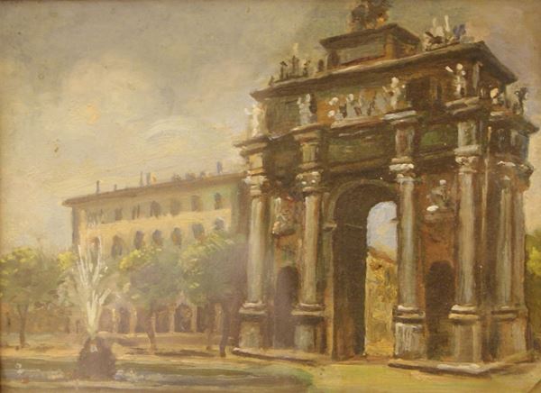 Scuola toscana, sec.XX  PIAZZA DELLA LIBERTA'  dipinto ad olio, cm 20x15
