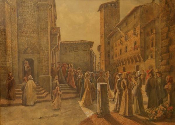 Scuola toscana, sec. XIX SCENA DI COSTUME MEDIEVALE  acquarello, cm 76x53