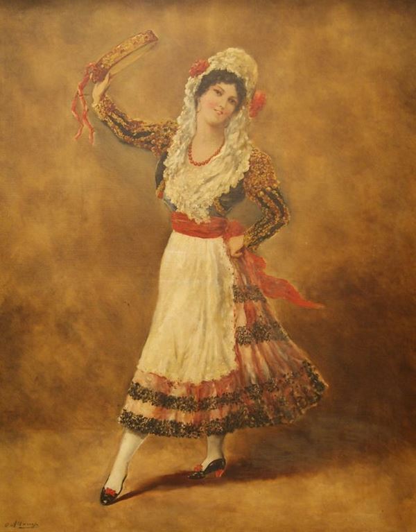 Scuola italiana, sec. XIX  BALLERINA DI TARANTELLA  olio su tela, cm 70x90  firmato Alcaupi