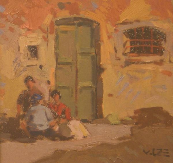 Angelo Volpe (Livorno 1943)  PARTICOLARE DI CASA CON FIGURE  olio su tela, cm 30x30   con dedica sul retro