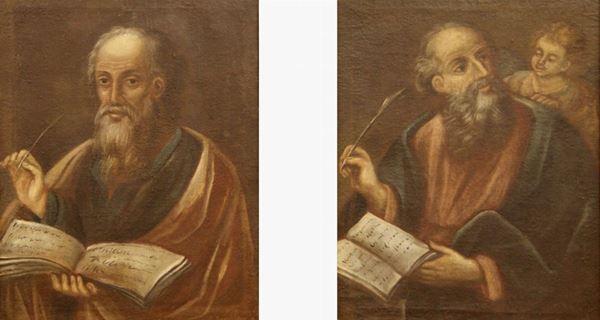 Scuola italiana, sec. XVIII  EVANGELISTI  coppia di dipinti ad olio, cm 70x55(2)