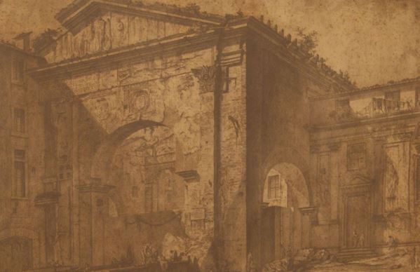 Stampa di Giovan Battista Piranesi, sec. XVIII  VEDUTA DELL'ATRIO DEL PORTICO DI OTTAVIA  cm 40x60  difetti