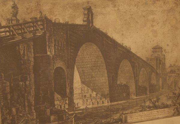 Stampa di Giovan Battista Piranesi, sec. XVIII VEDUTA DEL PONTE MOLLE SUL TEVERE  cm 43x67 difetti