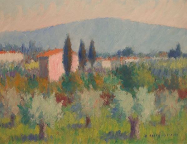 Dino Migliorini (Rignano sull'Arno 1907- Firenze 2005)  PAESAGGIO olio su masonite, cm 30x39