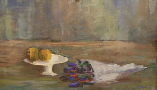 Arnaldo Miniati (Firenze 1909-1979)  NATURA MORTA  olio su tela, cm 47x80  - Asta Arredi, oggetti d'arte, dipinti e gioielli - Poggio Bracciolini Casa d'Aste